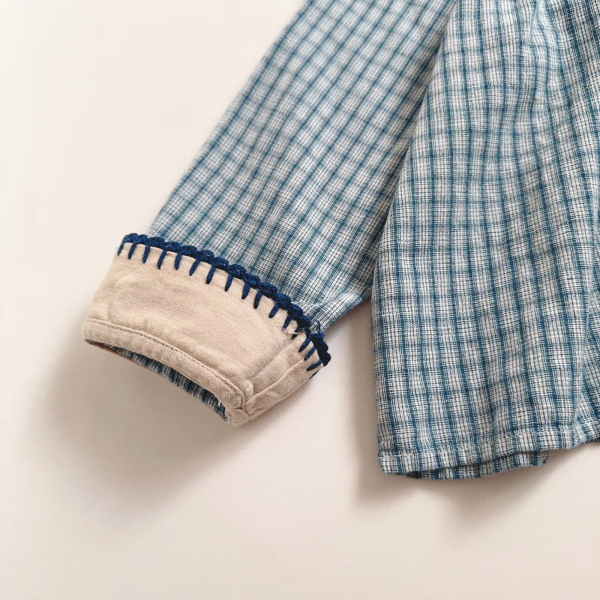 藍色格紋刺繡翻領長袖上衣 image 1 of 0