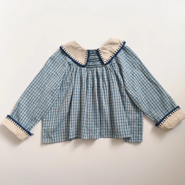 藍色格紋刺繡翻領長袖上衣 image 1 of 0