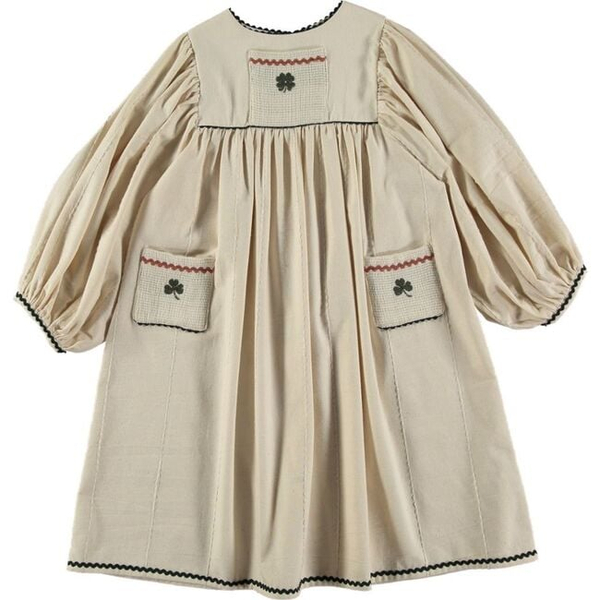  Cotton Shamrock Embroidery Zig-Zag Trim Puff Sleeve Dress, Ecru image 1 of 0