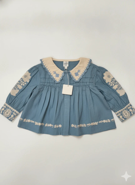 藍色刺繡翻領長袖上衣 image 1 of 0